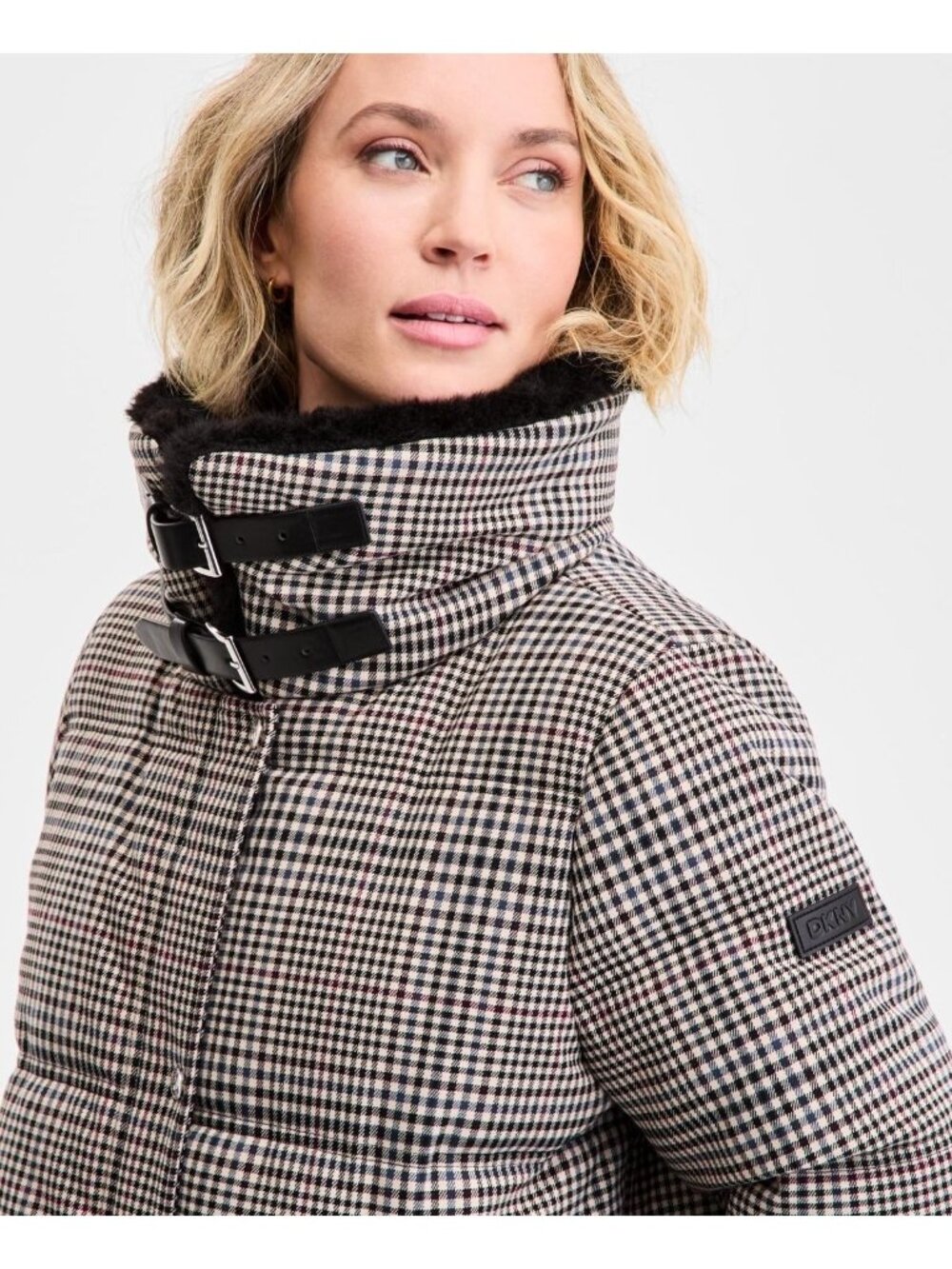 NWT DKNY Faux Fur Collar Zip Front Puffer Coat Heritage Plaid Womens Size Large - Picture 2 of 11